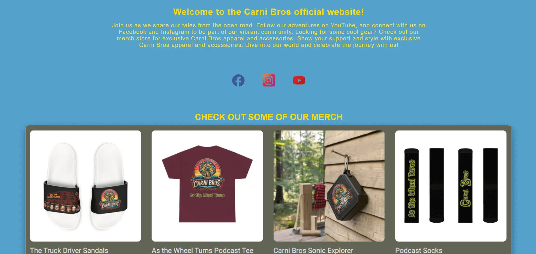 Carni Bros home page overview of merch - Carni Bros